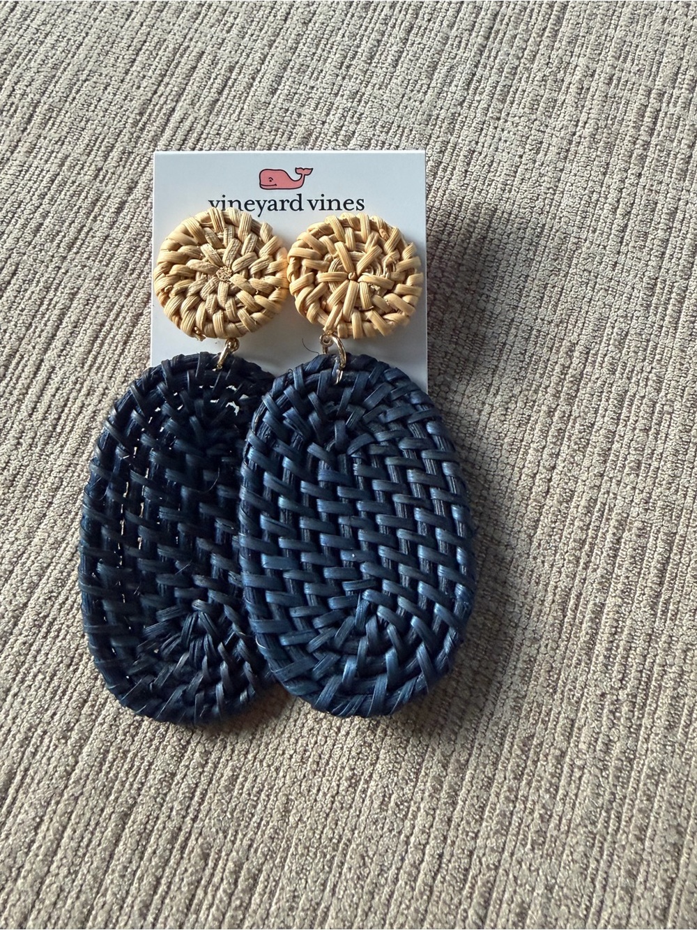 Vineyard Vines Navy and Natural Woven Oval Drop Earrings
